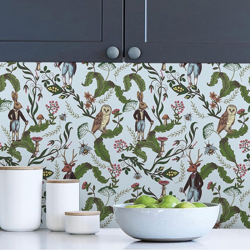MuralPeel Sky Blue Animals Rabbits Owl Green Leaf Vine Vintage Peel and Stick Wallpaper Self Adhesive Removable Easy Peel Off Contact Paper Stick on Wall Paper for Bedroom Cabinet Renter Friendly - Image 2