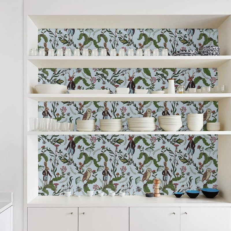 MuralPeel Sky Blue Animals Rabbits Owl Green Leaf Vine Vintage Peel and Stick Wallpaper Self Adhesive Removable Easy Peel Off Contact Paper Stick on Wall Paper for Bedroom Cabinet Renter Friendly - Image 4