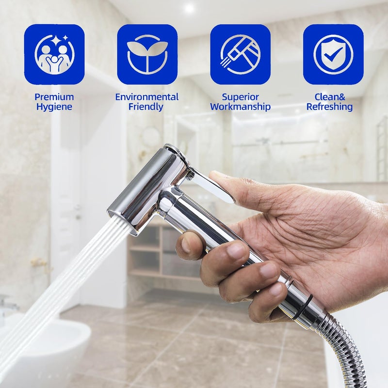 HOMEMATES HOMEMATES Brass Handheld Hammer Bidet High Pressure Health Faucet Large Jet Spray Shower Set for Bathroom/Western Toilet with Ultra Flexible 1mtr Wall Hook Hose Pipe, Silver Finish (Set of 1) - Image 3