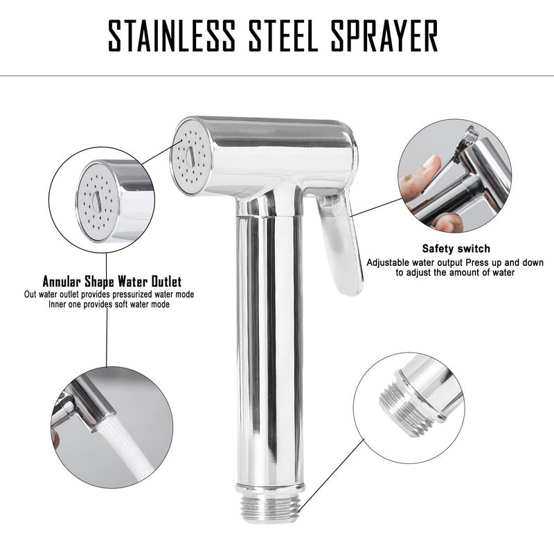 HOMEMATES HOMEMATES Brass Handheld Hammer Bidet High Pressure Health Faucet Large Jet Spray Shower Set for Bathroom/Western Toilet with Ultra Flexible 1mtr Wall Hook Hose Pipe, Silver Finish (Set of 1) - Image 2