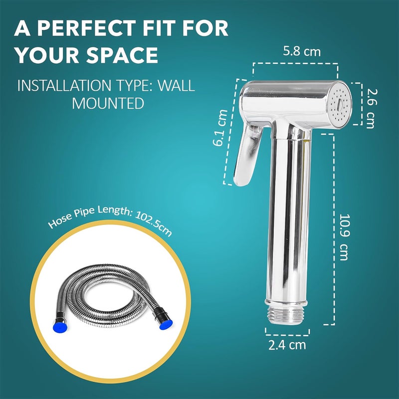 HOMEMATES HOMEMATES Brass Handheld Hammer Bidet High Pressure Health Faucet Large Jet Spray Shower Set for Bathroom/Western Toilet with Ultra Flexible 1mtr Wall Hook Hose Pipe, Silver Finish (Set of 1) - Image 4