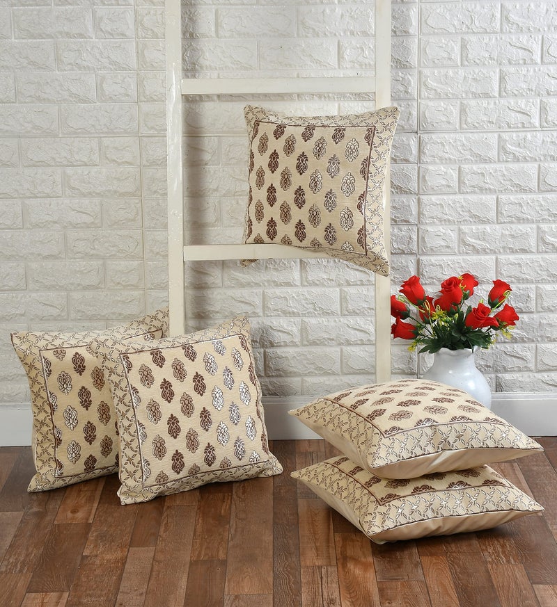 FRESH FROM LOOM 500 Tc Jacquard Soft Velvet Cushion Covers | Hypo-Allergenic | Washable | Non-Fade Diwan Sofa Pillow Covers for Home (Size - 16 X16 Inch, Color - Beige) - Set of 5pc, 240 TC - Image 2