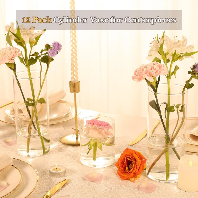 TBWIND 12Pcs Glass Cylinder Vases 8 Inch Tall Clear Flower Vases for Centerpieces Wedding Decoration, Hurricane Floating Candle Holder for Party Table Home Decor - Image 2