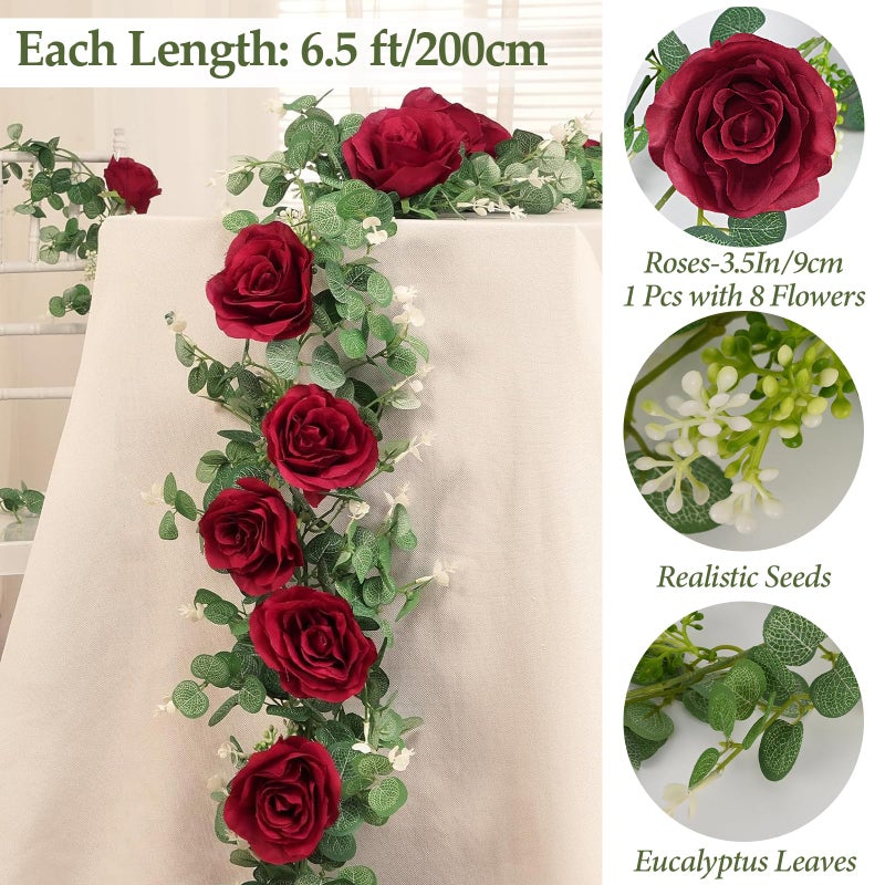 Dolicer 2Pcs 13Ft Artificial Eucalyptus Garlands with Flowers - 8 Roses, Faux Floral Greenery Garlands Fake Flowers Vines for Wedding Table Centerpieces Arch Party Ceremony Backdrop Decor (Red) - Image 4