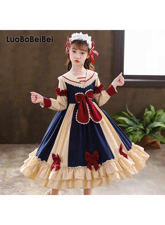 Luobobeibei Girls Princess Dress Autumn Korean Style Children's Dress Cute Lolita Performance Costume Blue 150cm - Image 1