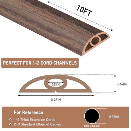 LSGCQ Floor Cord Cover Self Adhesive Cord Hider Floor Extension Cord Covers for Floor Power Cord Protector Cable Management Prevent Cable Trips Cable Cavity 0.32" W x 0.32" H (Smoked Brown Wood, 10Ft) - Image 2