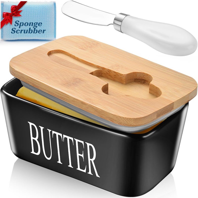 Black Ceramic Butter Dish with Lid  Large Countertop Butter Holder Perfect for 2 Sticks Includes Knife and Sponge Scrubber