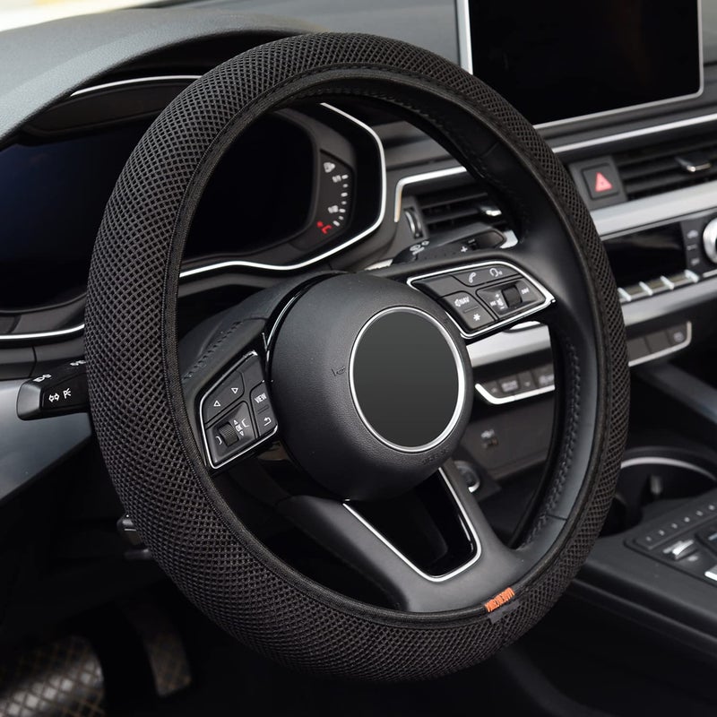 ZHOL Elastic Stretch Steering Wheel Cover Warm in Winter and Cool in Summer Universal 15 inch Microfiber Breathable Ice Silk Anti Slip Car Interior Accessories Odorless Easy Carry Black - Image 3
