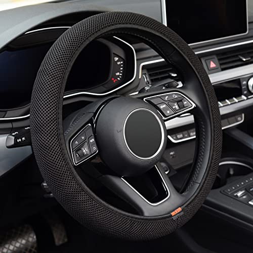 ZHOL Elastic Stretch Steering Wheel Cover Warm in Winter and Cool in Summer Universal 15 inch Microfiber Breathable Ice Silk Anti Slip Car Interior Accessories Odorless Easy Carry Black - Image 1