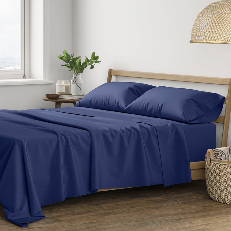 THREAD SPREAD 100 Cotton Sheets Twin Size  400 Thread Count Cotton Bed Sheets Twin 3 PC Set Navy Blue Luxury Soft Breathable Cooling Sateen Weave 16 Deep Pocket Bedsheet for Dorm Rooms