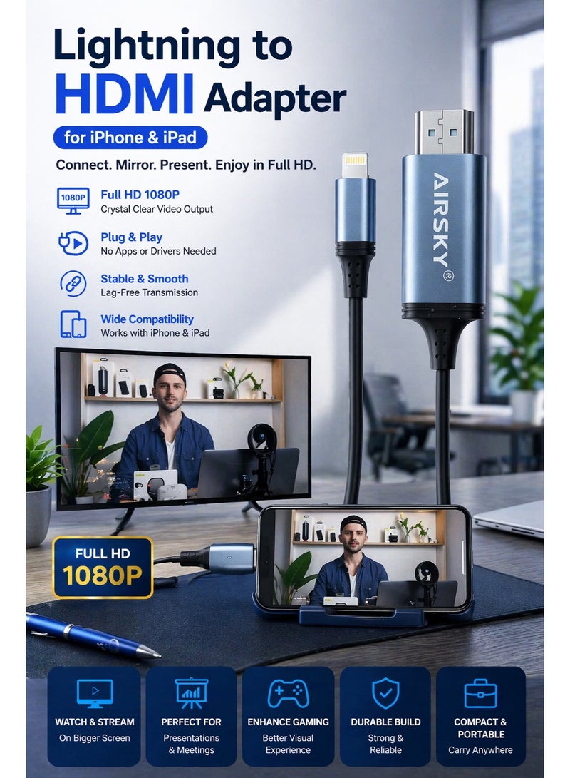 Airsky محول Lightning إلى HDMI لأجهزة iPhone | كابل إخراج فيديو بدقة Full HD 1080P لأجهزة iPhone و iPad - Image 2