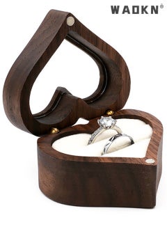 WAOKN Wood Ring Box Heart Shaped Velvet Soft Interior Holder Jewelry Handmade Wooden Presentation Box Jewelry Chest Organizer Earrings Coin Case for Proposal Engagement Wedding Ceremony Birthday Gift  - Image 1