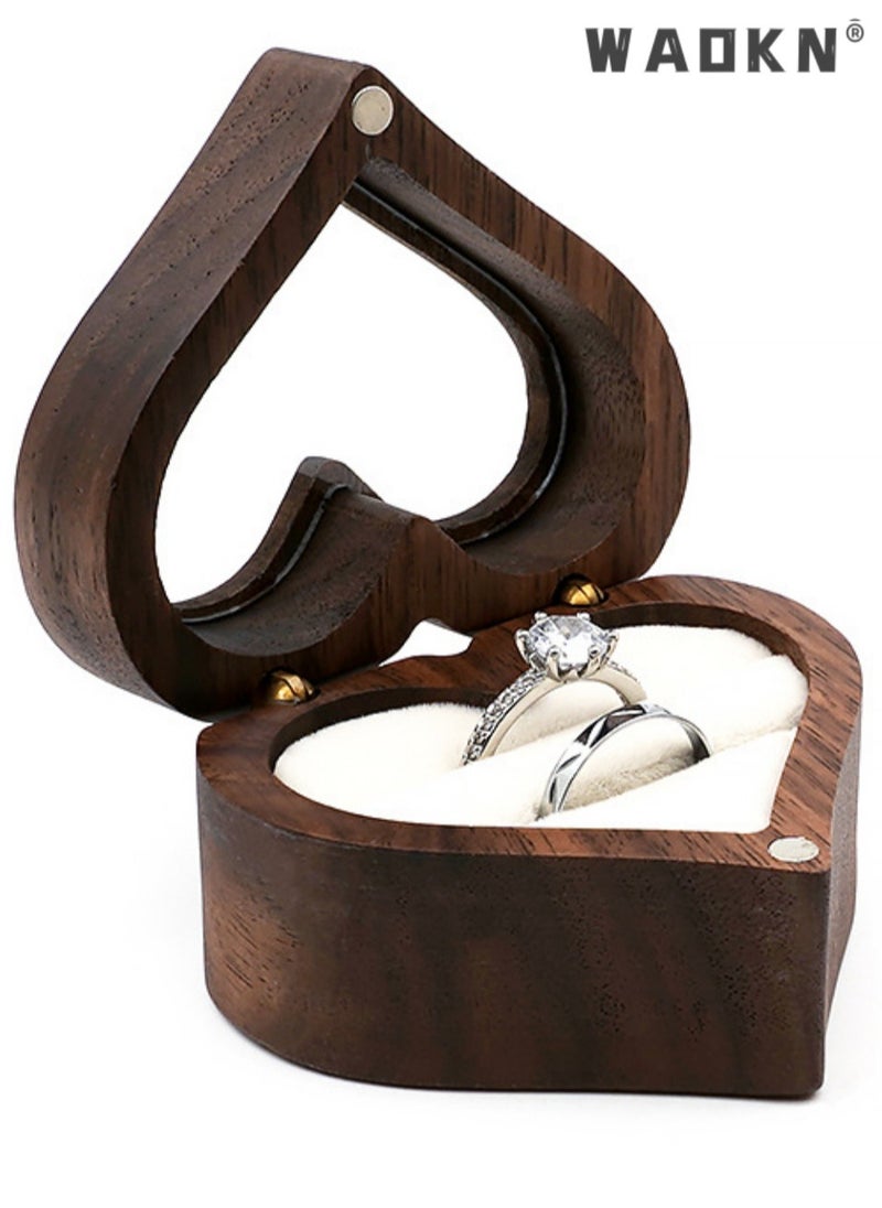 WAOKN Wood Ring Box Heart Shaped Velvet Soft Interior Holder Jewelry Handmade Wooden Presentation Box Jewelry Chest Organizer Earrings Coin Case for Proposal Engagement Wedding Ceremony Birthday Gift  - Image 1