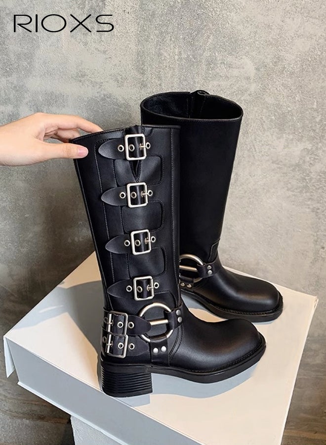 RIOXS Women's Knee High Boots, Fashion Buckle Square Toe Boots, Ladies Rocky Knee High Boot, Chunky Heel Wide Calf Biker Boots, Soild Black Motorcycle Booties, Knight Boots for Countryside Outings/ Parties - Image 2
