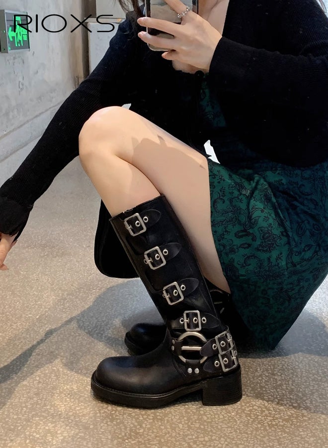 RIOXS Women's Knee High Boots, Fashion Buckle Square Toe Boots, Ladies Rocky Knee High Boot, Chunky Heel Wide Calf Biker Boots, Soild Black Motorcycle Booties, Knight Boots for Countryside Outings/ Parties - Image 1