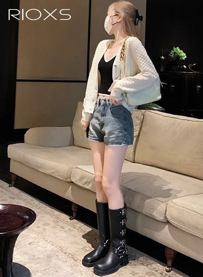 RIOXS Women's Knee High Boots, Fashion Buckle Square Toe Boots, Ladies Rocky Knee High Boot, Chunky Heel Wide Calf Biker Boots, Soild Black Motorcycle Booties, Knight Boots for Countryside Outings/ Parties - Image 5