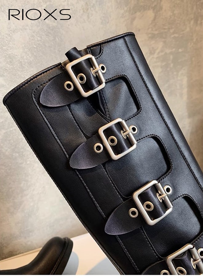 RIOXS Women's Knee High Boots, Fashion Buckle Square Toe Boots, Ladies Rocky Knee High Boot, Chunky Heel Wide Calf Biker Boots, Soild Black Motorcycle Booties, Knight Boots for Countryside Outings/ Parties - Image 4