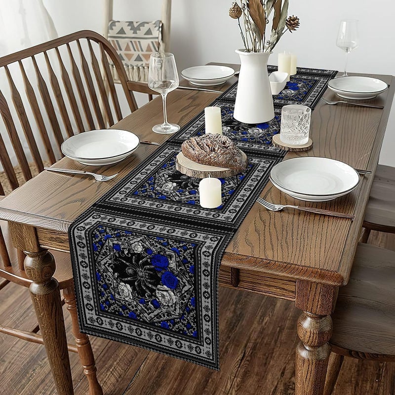 Wolf Spider Table Runners Boho Floral Black Damask Cloth for End Table | Blue Rose Bohemian Style Aztec Vintage Victorian Dresser Scarf 108"x13" - Image 2