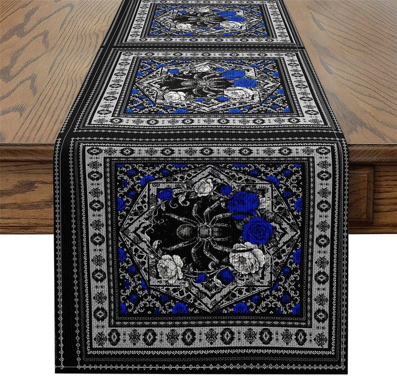 Wolf Spider Table Runners Boho Floral Black Damask Cloth for End Table | Blue Rose Bohemian Style Aztec Vintage Victorian Dresser Scarf 108"x13" - Image 1