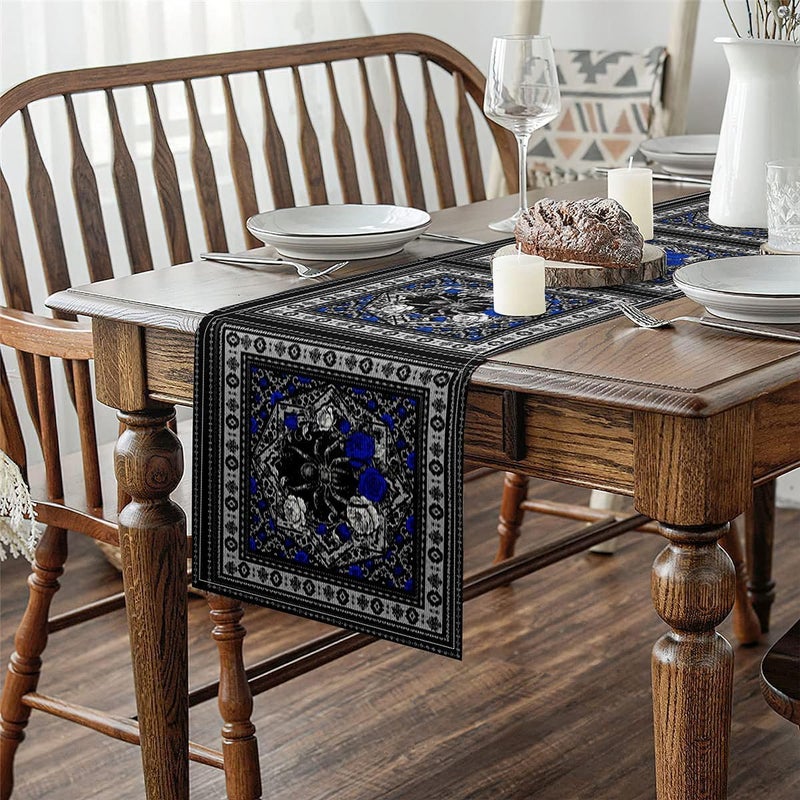 Wolf Spider Table Runners Boho Floral Black Damask Cloth for End Table | Blue Rose Bohemian Style Aztec Vintage Victorian Dresser Scarf 108"x13" - Image 4