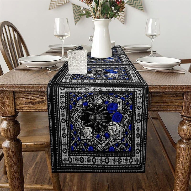 Wolf Spider Table Runners Boho Floral Black Damask Cloth for End Table | Blue Rose Bohemian Style Aztec Vintage Victorian Dresser Scarf 108"x13" - Image 3