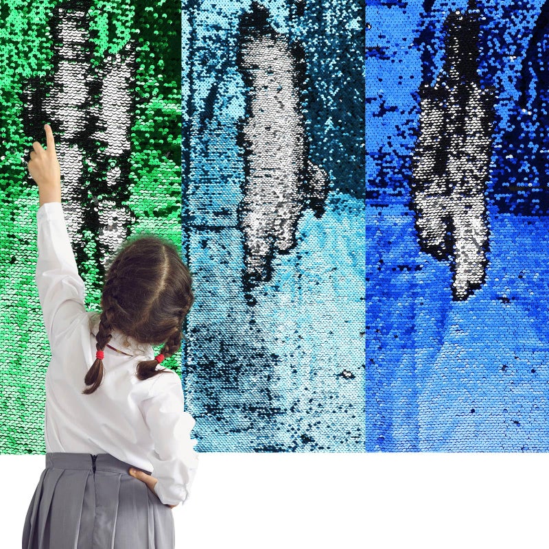 Irenare 3 Pcs Sensory Wall Sequin Flip Fabric for Kids 40 x 13 Inch Sensory Graffiti Reversible Sequin Fabric with 36 Pcs Hook and Loop Strips with AdhesiveGreen Dark Blue Light Blue3