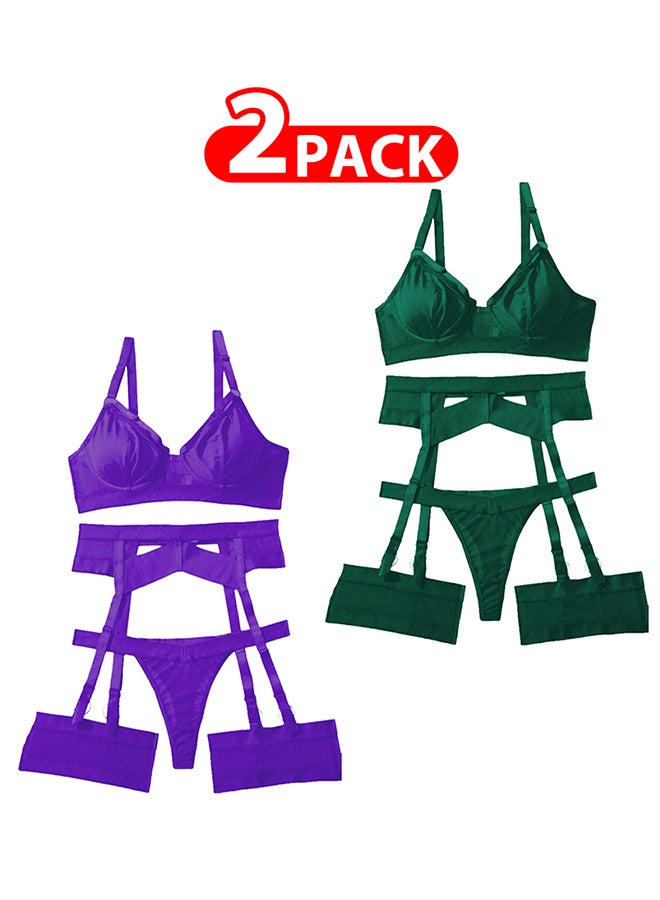 MARGOUN 2 Pack Medium Size Women Sheer Mesh Garter Lingerie Set Strappy Teddy Babydoll Bra and Panty with Leg Ring 4 Piece Lingerie Set - Image 1