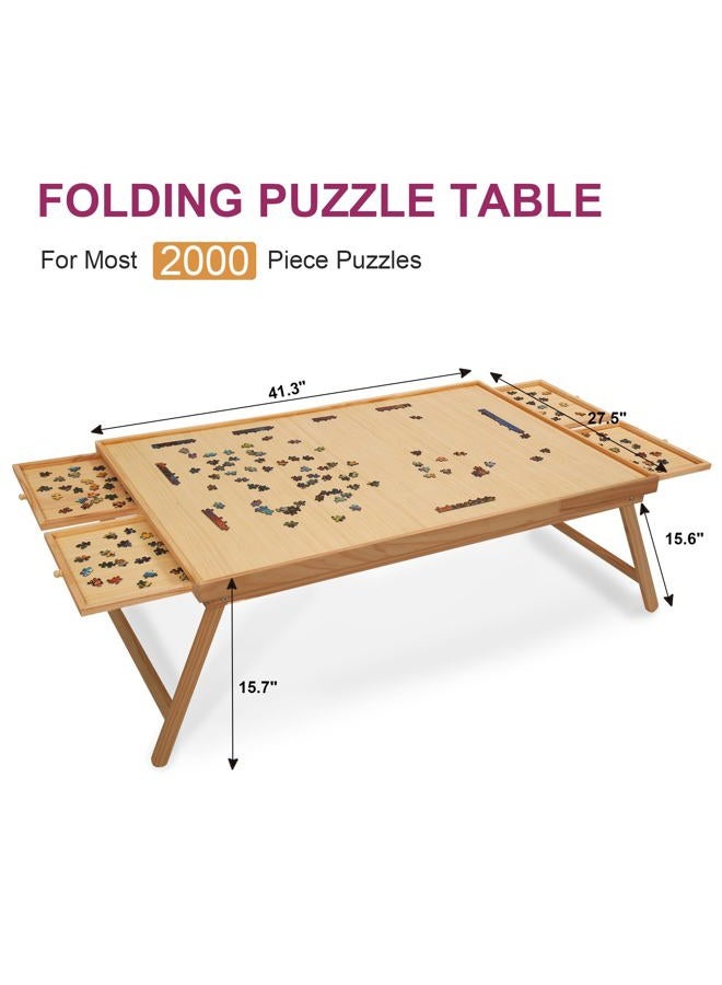 TEAKMAMA 2000 Piece Wooden Jigsaw Folding Puzzle Board, Puzzle Table with Legs and Cover, 41.3” X 27.5” Jigsaw Puzzle Board with 4 Drawers & Cover, Portable Puzzle Tables for Adults - Natural - Image 2