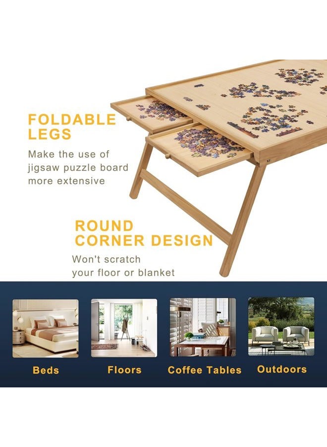TEAKMAMA 2000 Piece Wooden Jigsaw Folding Puzzle Board, Puzzle Table with Legs and Cover, 41.3” X 27.5” Jigsaw Puzzle Board with 4 Drawers & Cover, Portable Puzzle Tables for Adults - Natural - Image 3
