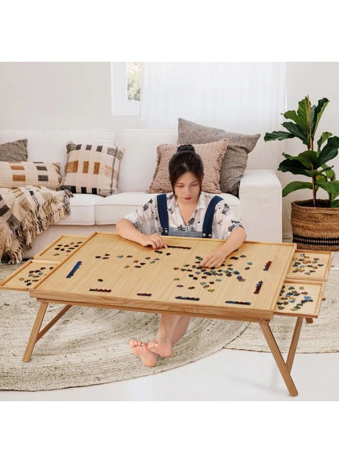 TEAKMAMA 2000 Piece Wooden Jigsaw Folding Puzzle Board, Puzzle Table with Legs and Cover, 41.3” X 27.5” Jigsaw Puzzle Board with 4 Drawers & Cover, Portable Puzzle Tables for Adults - Natural - Image 1