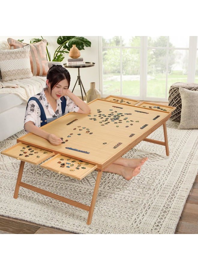 TEAKMAMA 2000 Piece Wooden Jigsaw Folding Puzzle Board, Puzzle Table with Legs and Cover, 41.3” X 27.5” Jigsaw Puzzle Board with 4 Drawers & Cover, Portable Puzzle Tables for Adults - Natural - Image 5