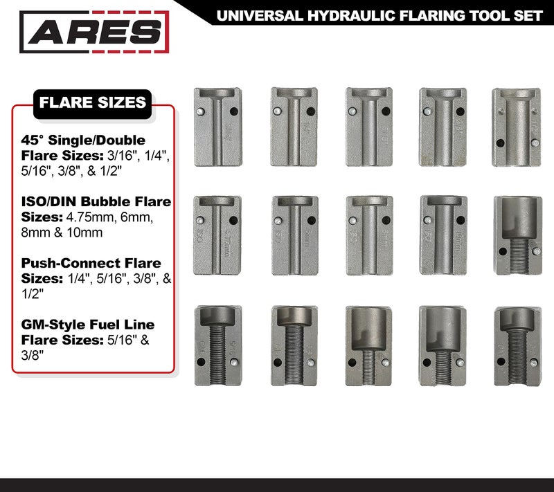 ARES 18010 - Universal Hydraulic Flaring Tool Set - Create 45 Degree Single or Double Flares, ISO and DIN Bubble Flares, Push Connect Flares and GM Fuel Line Flares - Image 3