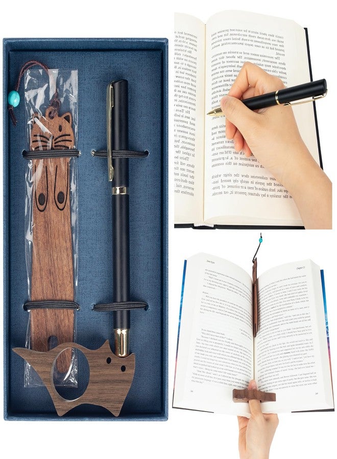 CJZMBSTY 3 Pack Wooden Cat Book Page Holder Set for Book Lovers, Portable Thumb Bookmark Reading Accessories with Pen, Cute Bookworm Gift for Women for Home and Office - Image 1
