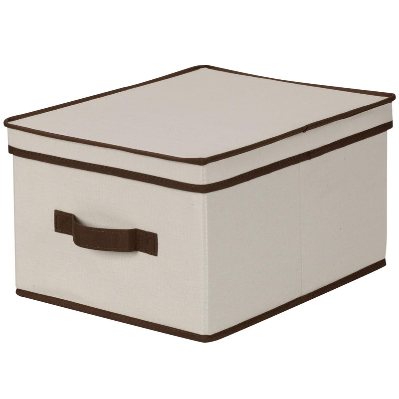 Household Essentials 513 Storage Box with Lid and Handle - Natural Beige Canvas with Brown Trim - Large - Image 1