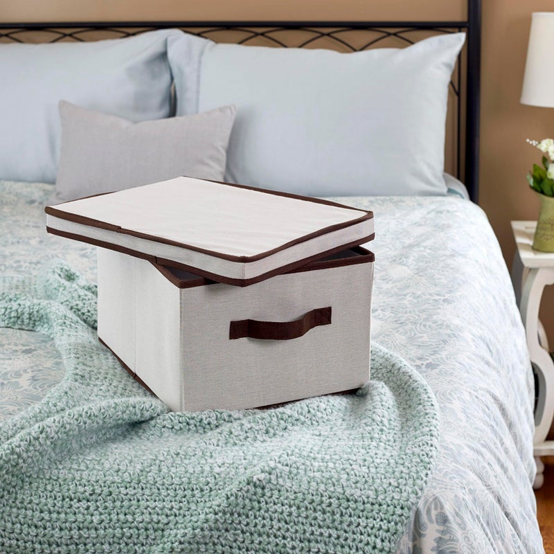 Household Essentials 513 Storage Box with Lid and Handle - Natural Beige Canvas with Brown Trim - Large - Image 2