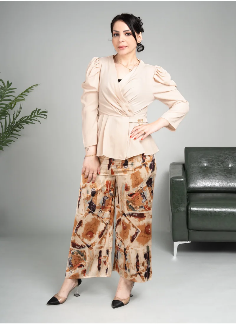 IKKXA Two Pieces Pant and Blouse Modern Set CJ1029 Beige