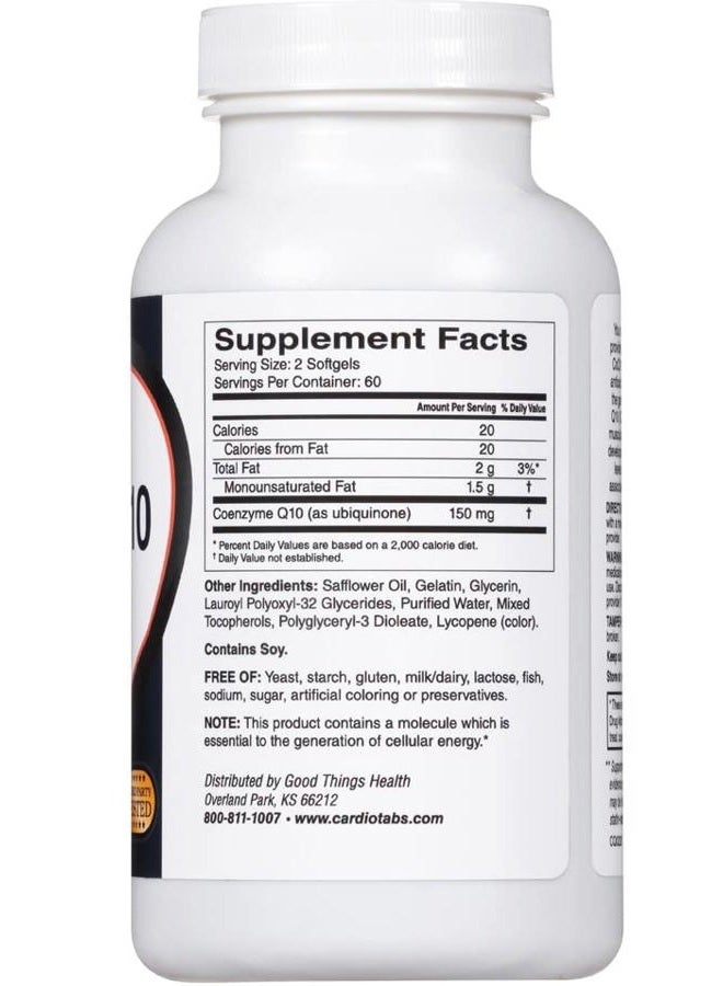 Cardiotabs Ultra CoQ10 Coenzyme Supplement For Cardio Health, 150 mg of CoQ10 - Ubiquinone - Per 2 Softgels w/ Safflower Oil & Tocopherols, 6X Better Absorption For Brain & Muscle Health, 120 Softgels - Image 2