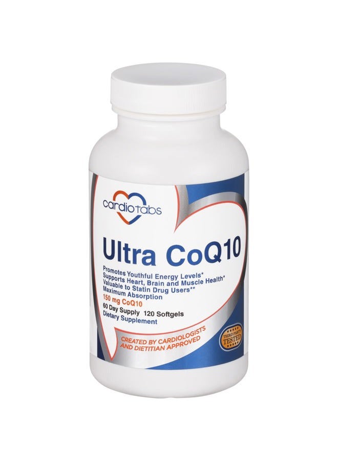Cardiotabs Ultra CoQ10 Coenzyme Supplement For Cardio Health, 150 mg of CoQ10 - Ubiquinone - Per 2 Softgels w/ Safflower Oil & Tocopherols, 6X Better Absorption For Brain & Muscle Health, 120 Softgels - Image 1