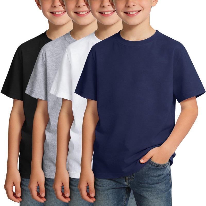 BOOPH 4 Pack Boys Shirts Kids Tshirts Toddler Short Sleeve T-Shirts Basic Crew Neck Tops Cotton Summer Uniform Clothes Black Navy Blue Gray White 9-10 Years - Image 1