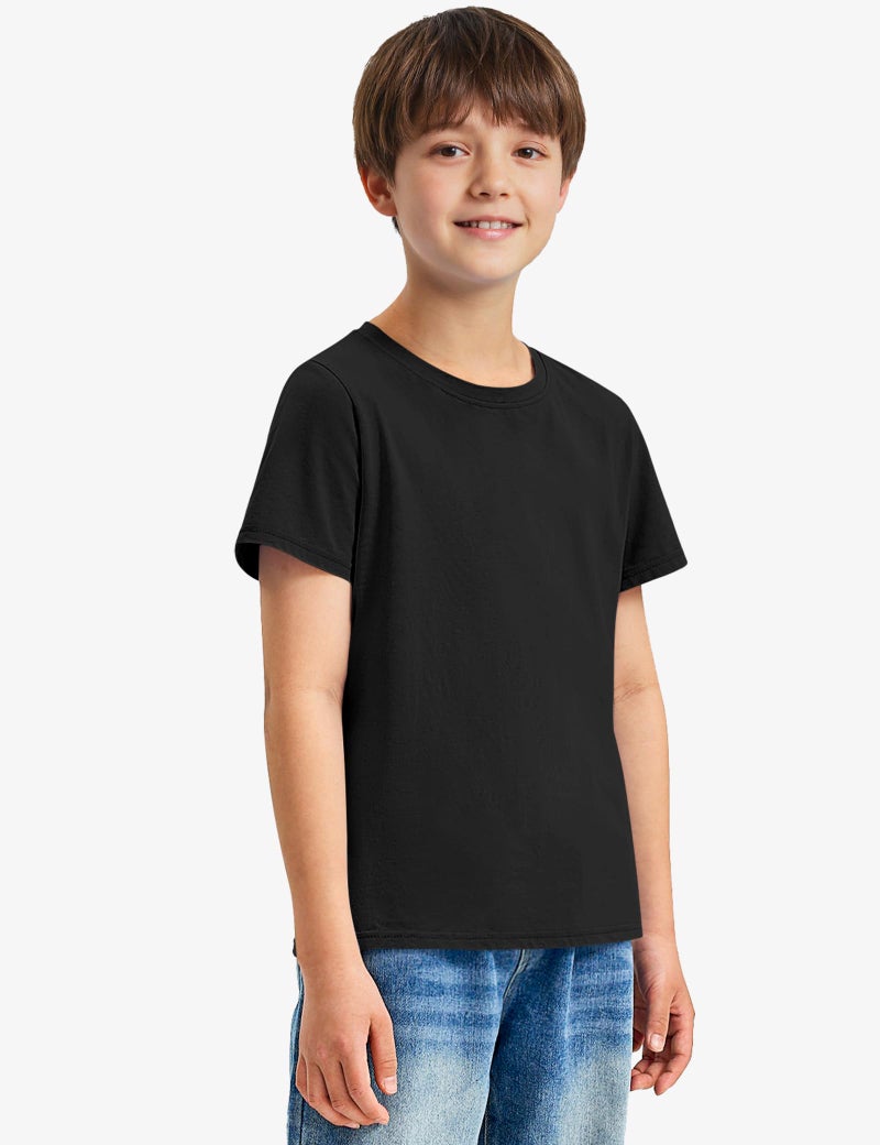 BOOPH 4 Pack Boys Shirts Kids Tshirts Toddler Short Sleeve T-Shirts Basic Crew Neck Tops Cotton Summer Uniform Clothes Black Navy Blue Gray White 9-10 Years - Image 2