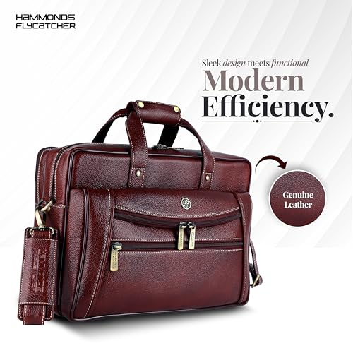 HAMMONDS FLYCATCHER Genuine Leather Office Bag for Men - 15.6" Laptop Bag for Men for Office, Travel, Daily Use - Padded Laptop Compartment, Trolley Strap, Adjustable Strap, 1 Year Warranty, Brown - Image 2