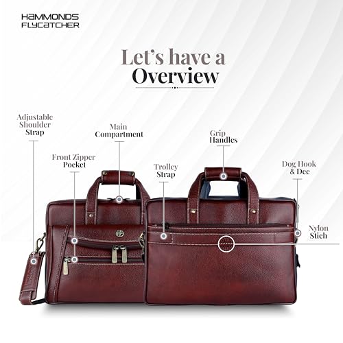 HAMMONDS FLYCATCHER Genuine Leather Office Bag for Men - 15.6" Laptop Bag for Men for Office, Travel, Daily Use - Padded Laptop Compartment, Trolley Strap, Adjustable Strap, 1 Year Warranty, Brown - Image 3