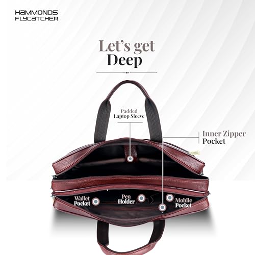 HAMMONDS FLYCATCHER Genuine Leather Office Bag for Men - 15.6" Laptop Bag for Men for Office, Travel, Daily Use - Padded Laptop Compartment, Trolley Strap, Adjustable Strap, 1 Year Warranty, Brown - Image 4