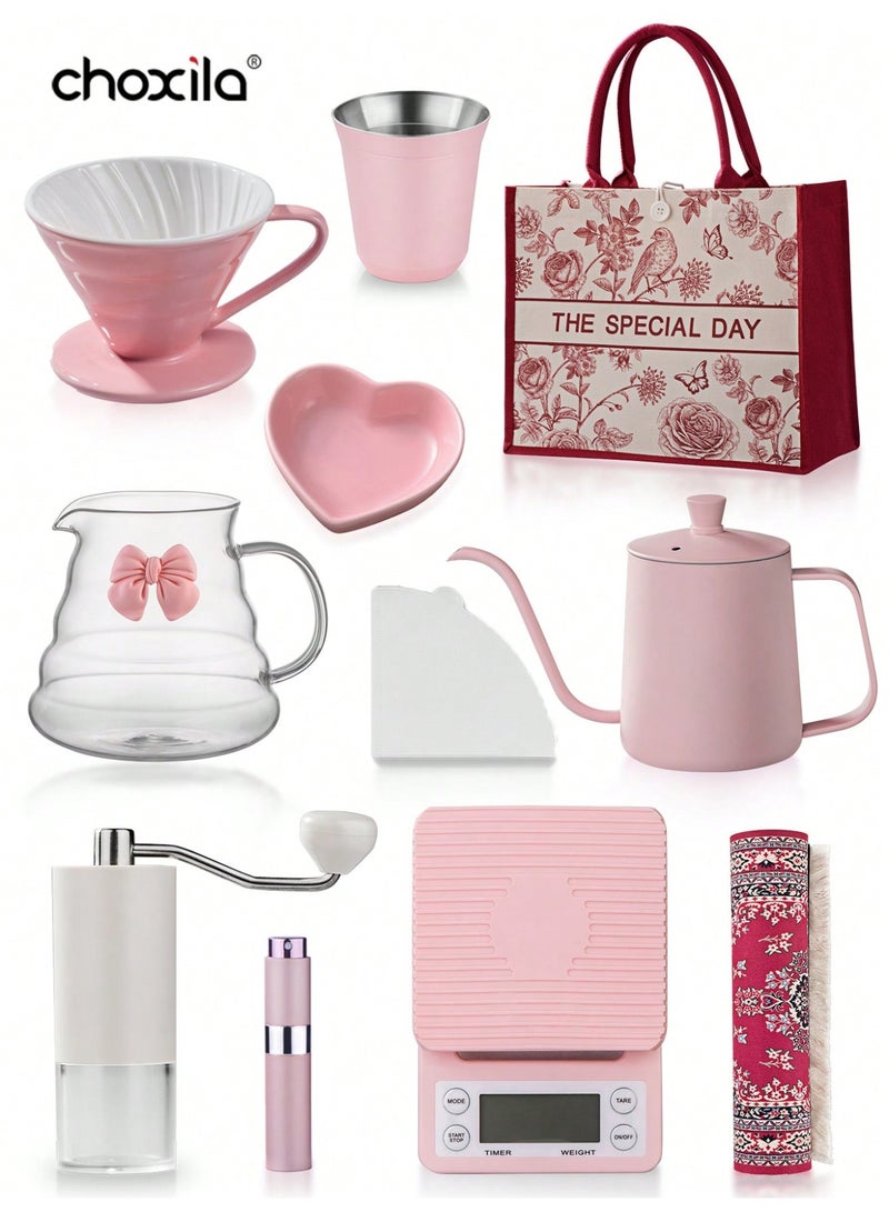 choxila 11pcs/set V60 Coffee Set, Pink Drip Coffee Set, Pour Over Coffee Maker Set,Mind-blowing Valentine's Day   Gifts,Holiday Festival Anniversary Coffee Gifts,Portable Travel Coffee Accessories Tools, Creative Pink   Girls Gifts for Mother/Daughter/Sweetheart/Families/Friends - Image 1