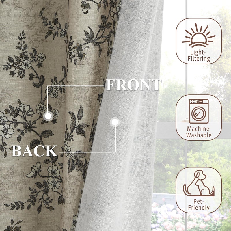 StangH Porcelain Floral Curtains for Living Room,Classic Printed Flax Linen Botanical Butterfly Pattern Vintage French Country Decor with Backtab,52Wx96L,2 Panels - Image 5