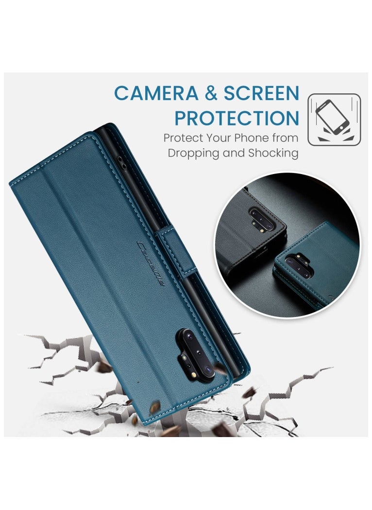 CaseMe - Flip Wallet Case For Samsung Galaxy Note 10Plus [RFID Blocking] PU Leather Wallet Flip Folio Case with Card Holder Kickstand Shockproof Phone Cover (Blue) - Image 1
