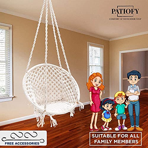 Patiofy Made in India Round Shape Baby Hammock-Hanging Cotton Swing Chair with Hanging Kit for Baby Swing Indoor & Outdoor/Baby Swing Backyard/ 120Kg Capacity/Swing Jhula for Kids & Adults (White) - Image 3