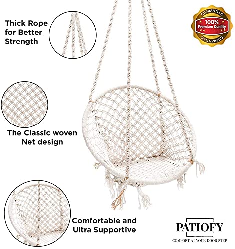 Patiofy Made in India Round Shape Baby Hammock-Hanging Cotton Swing Chair with Hanging Kit for Baby Swing Indoor & Outdoor/Baby Swing Backyard/ 120Kg Capacity/Swing Jhula for Kids & Adults (White) - Image 5