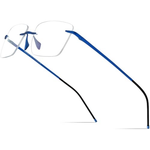 FONEX Titanium Glasses Frame Men,Rimless Square Eyeglasses Frameless Myopia Optical Eyewear 8557 (Blue) - Image 1