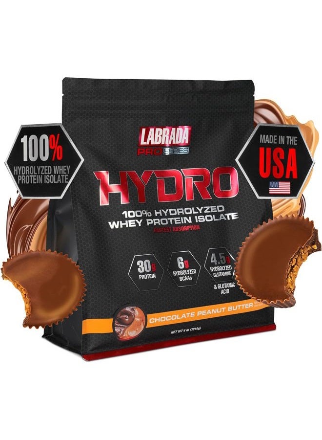 LABRADA بروتين مصل اللبن المعزول المهدرج 100% هيدرو، خالي من اللاكتوز، غلوتامين، أسرع مصل هضمًا متاح، خلط فوري، طعم لذيذ 45 حصة 4 رطل (زبدة الفول السوداني) - Image 1
